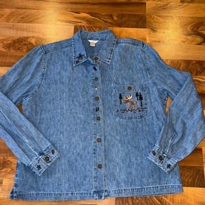 Christopher & Banks Womens Denim Moose Embroidered Button Down Shirt Size L vtg